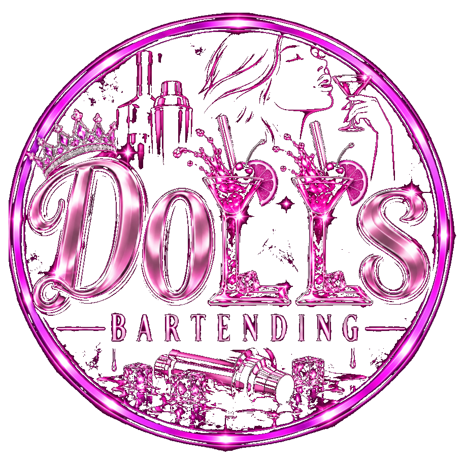Dolls Bartending neon pink logo with cocktails, crown, and bartender silhouette